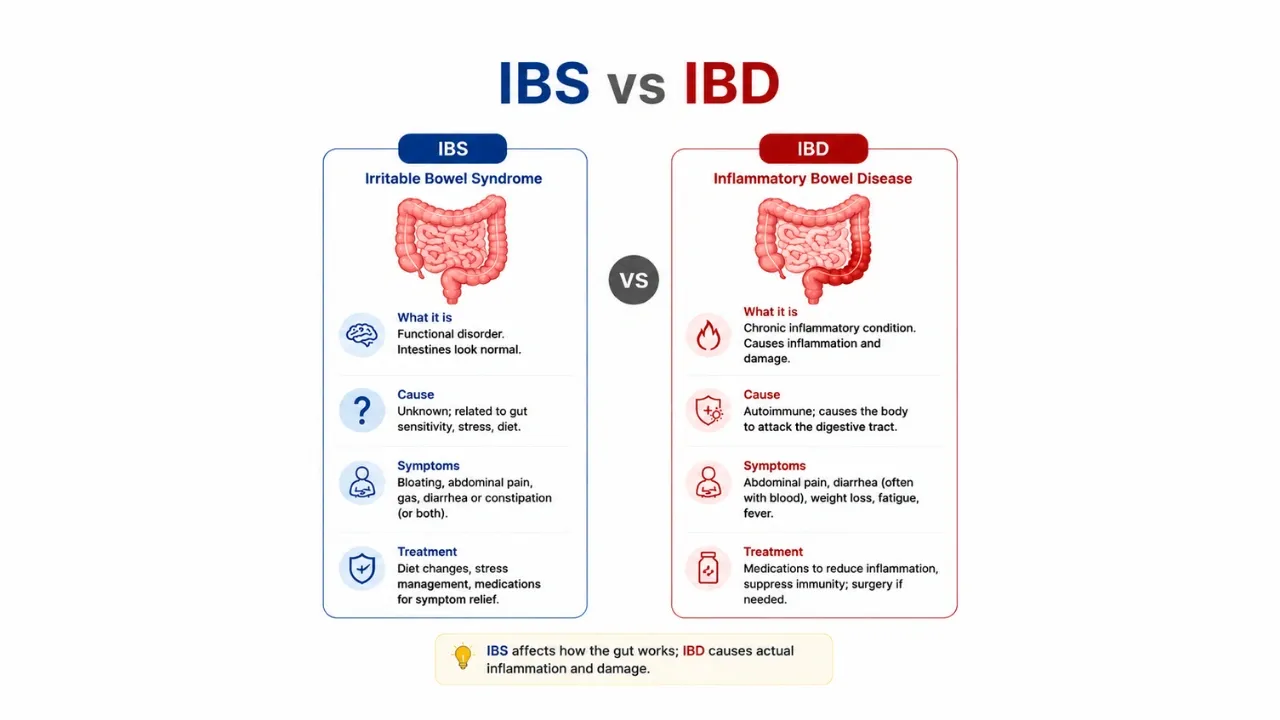 The image tells about the differences between IBS and IBD
